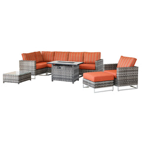 Ovios Patio Furniture 9-Piece Grey Wicker Set with Fire Pit Table, No Assembly Required