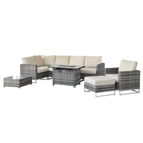 Ovios Patio Furniture 9-Piece Grey Wicker Set with Fire Pit Table, No Assembly Required