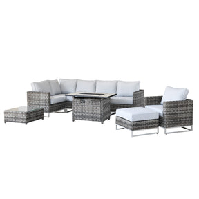 Ovios Patio Furniture 9-Piece Grey Wicker Set with Fire Pit Table, No Assembly Required