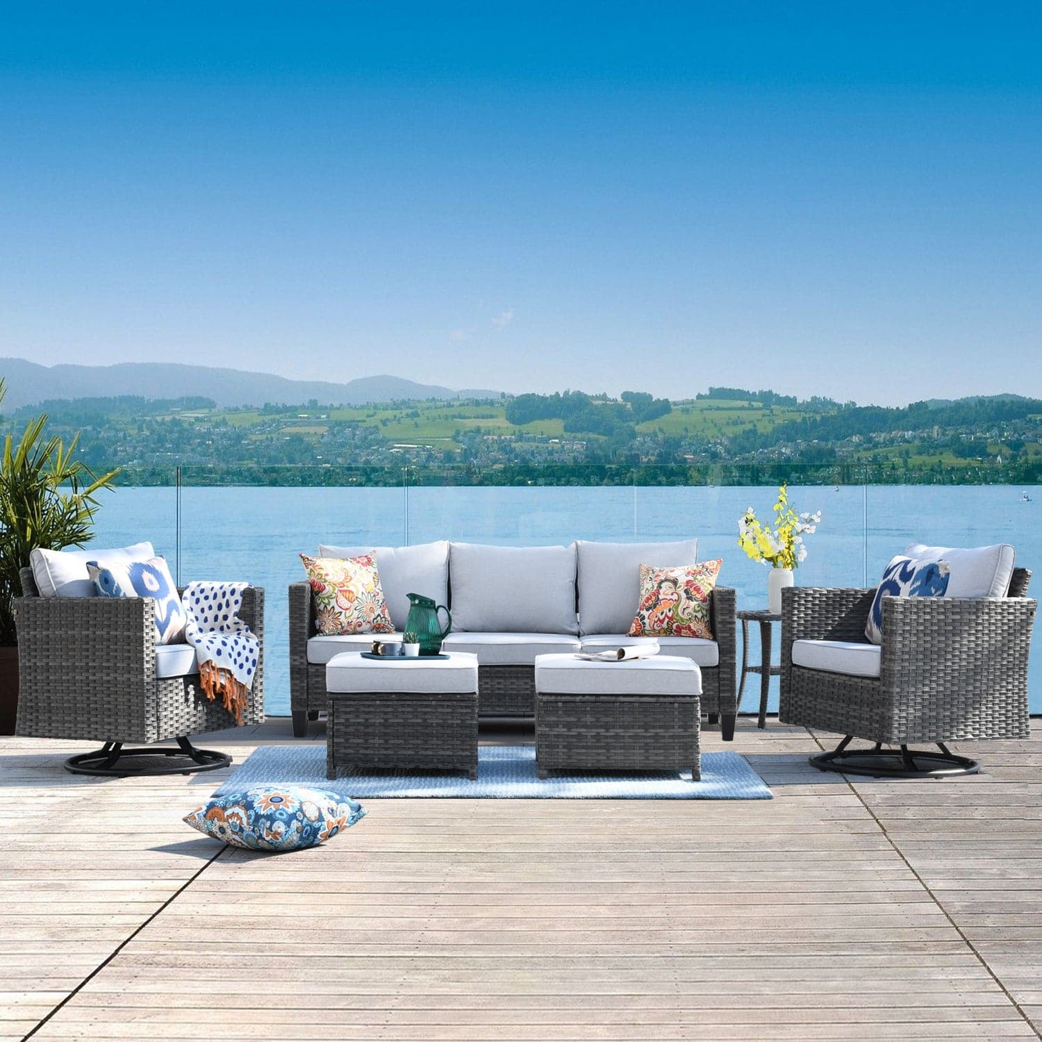 Ovios Patio Furniture Set 6-Piece with Swivel Rocking Chairs and Table