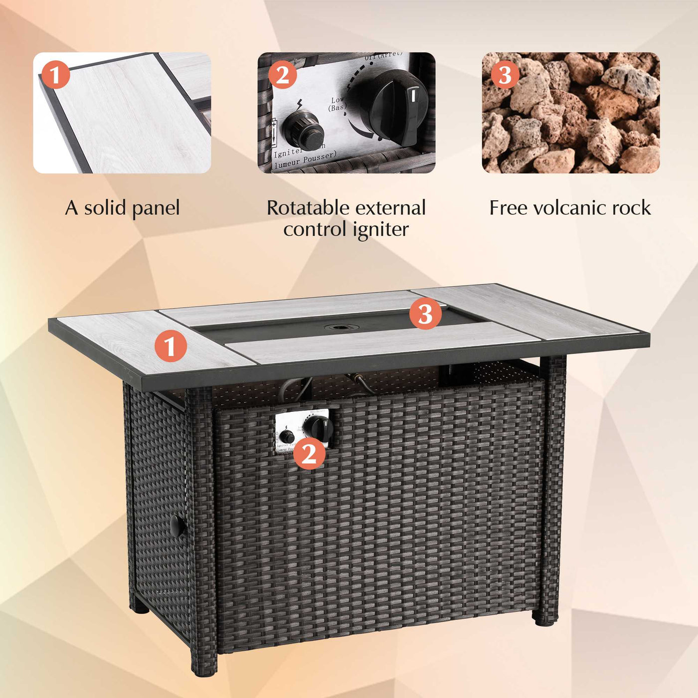 42" Rect. Propane Fire Pit | Wicker Rimaru