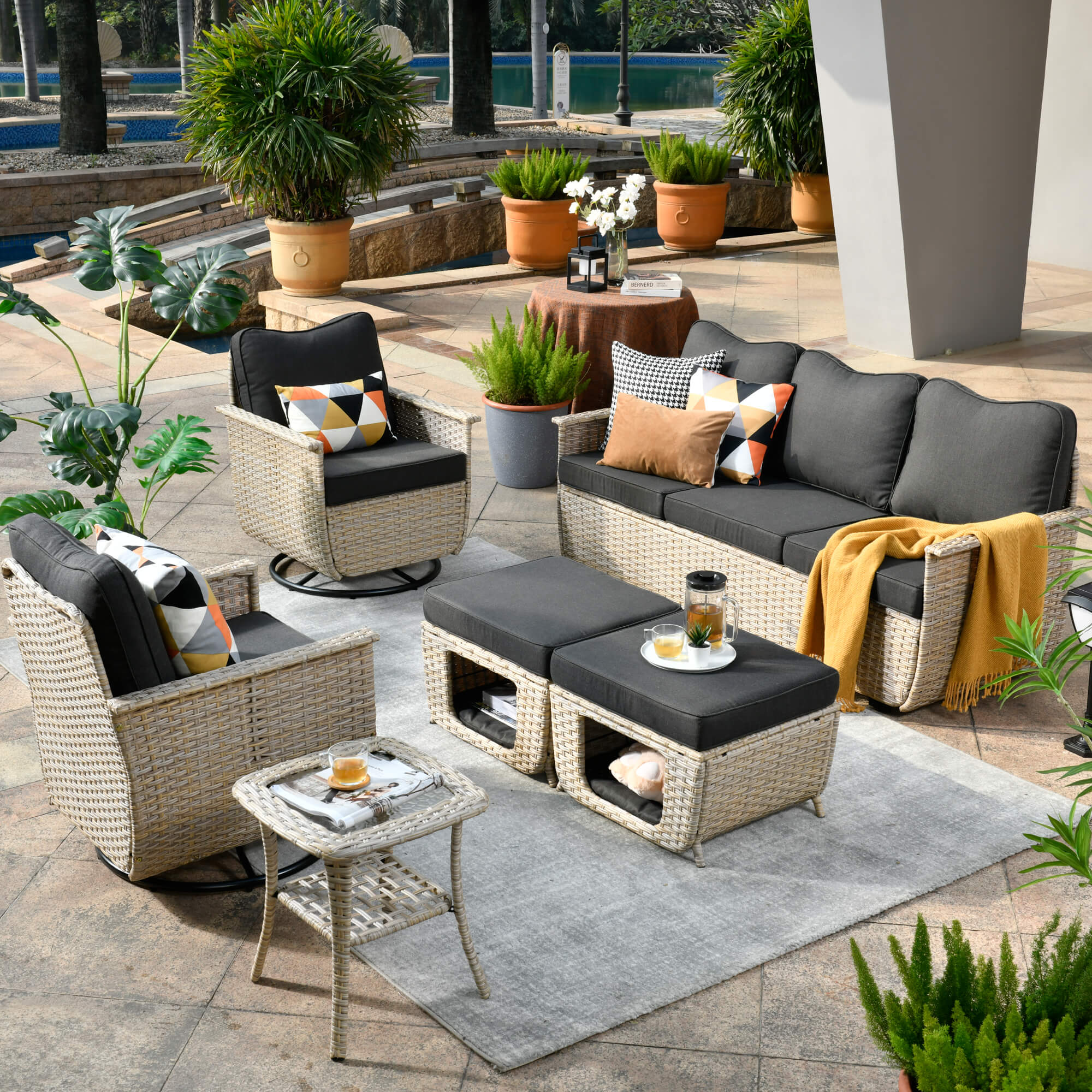 Ovios Outdoor Furniture 6 Pieces with 2 Swivel Chair Side Table and Multifunctional Storage