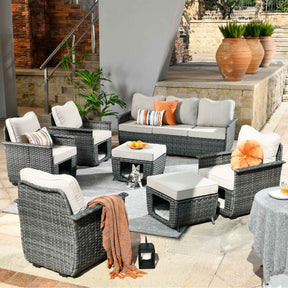 Ovios Patio Conversation Set Dark Grey Wicker 7 Pieces with Multifunctional Storage