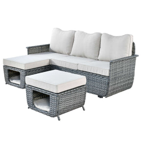 Ovios Outdoor Couch Dark Grey Wicker 3 Pieces with Multifunctional Storage
