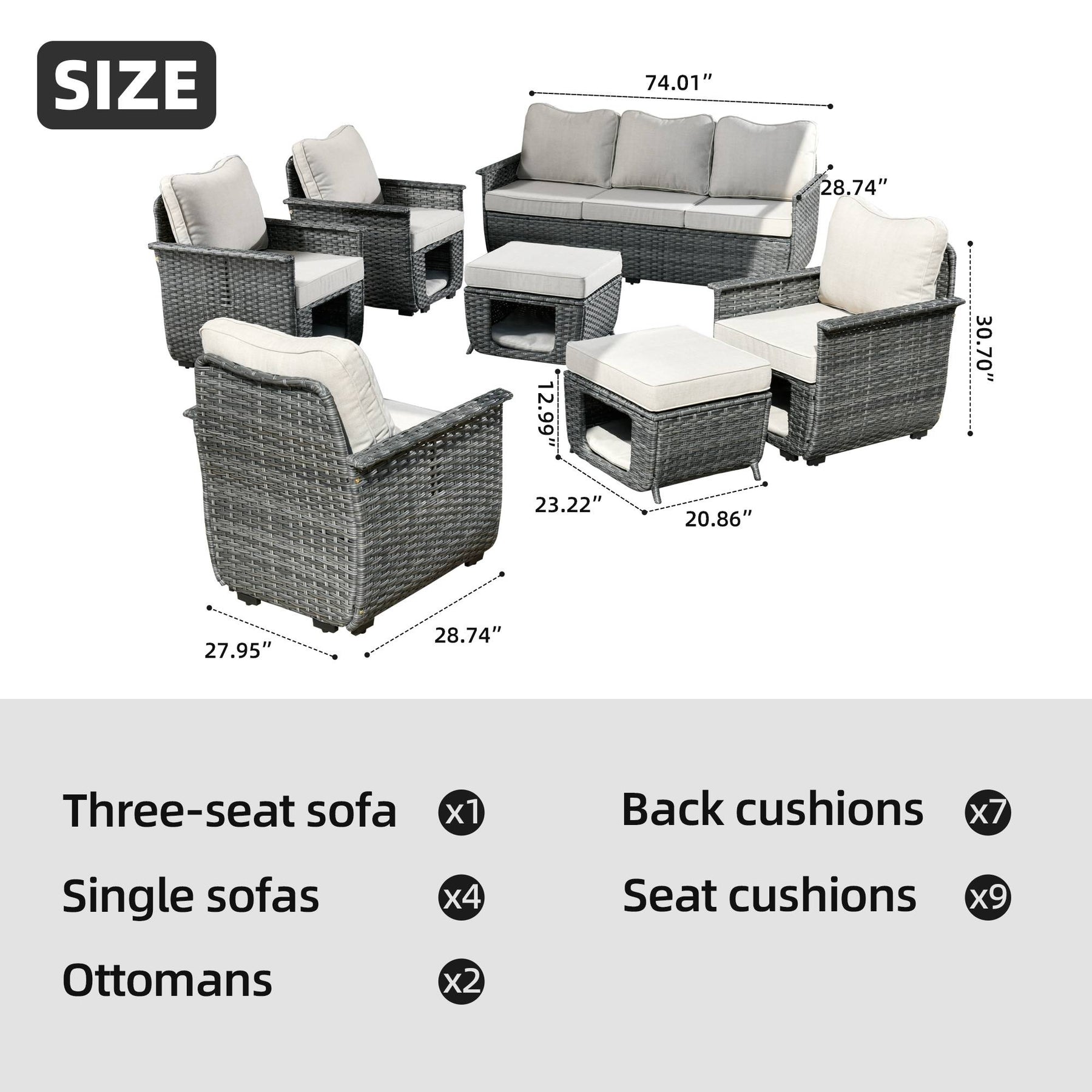 Ovios Patio Conversation Set Dark Grey Wicker 7 Pieces with Multifunctional Storage