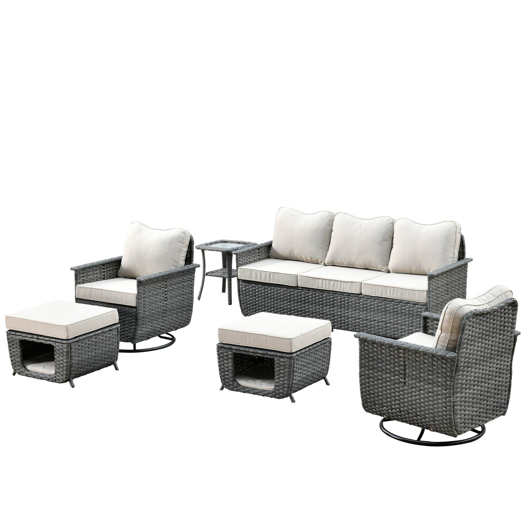 Ovios Outdoor Furniture 6 Pieces with 2 Swivel Chair Side Table and Multifunctional Storage