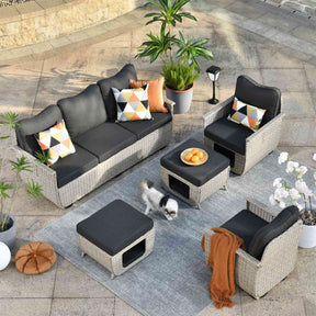 Ovios Patio Conversation Set 5 Pieces Beige Wicker with Multifunctional Storage