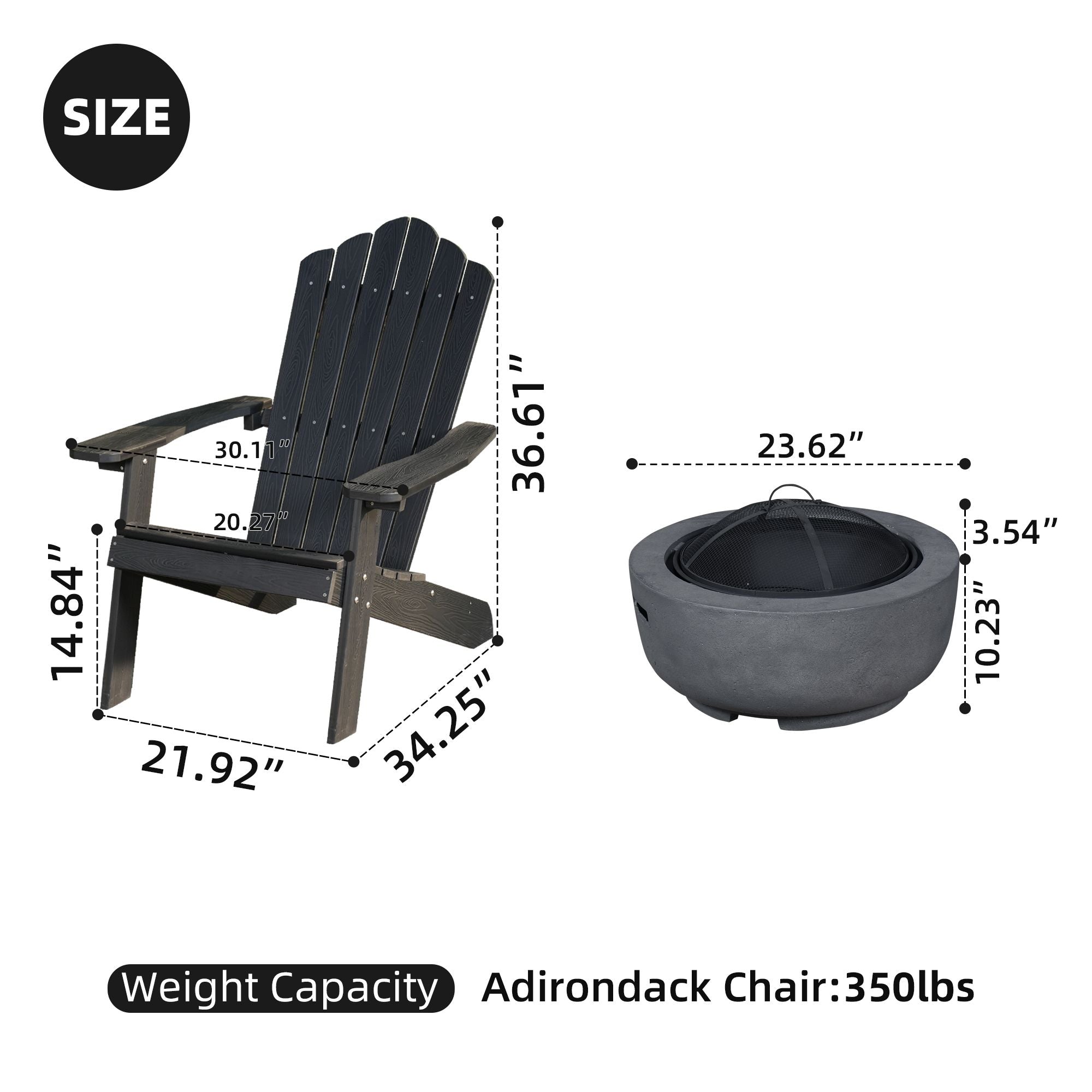 Ovios Outdoor Chairs 3-Piece Adirondack Chair with 23.62'' Dark Grey Fire Pit