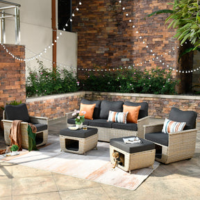 Ovios Patio Conversation Set 5 Pieces Beige Wicker with Multifunctional Storage