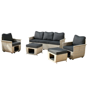 Ovios Patio Conversation Set 5 Pieces Beige Wicker with Multifunctional Storage