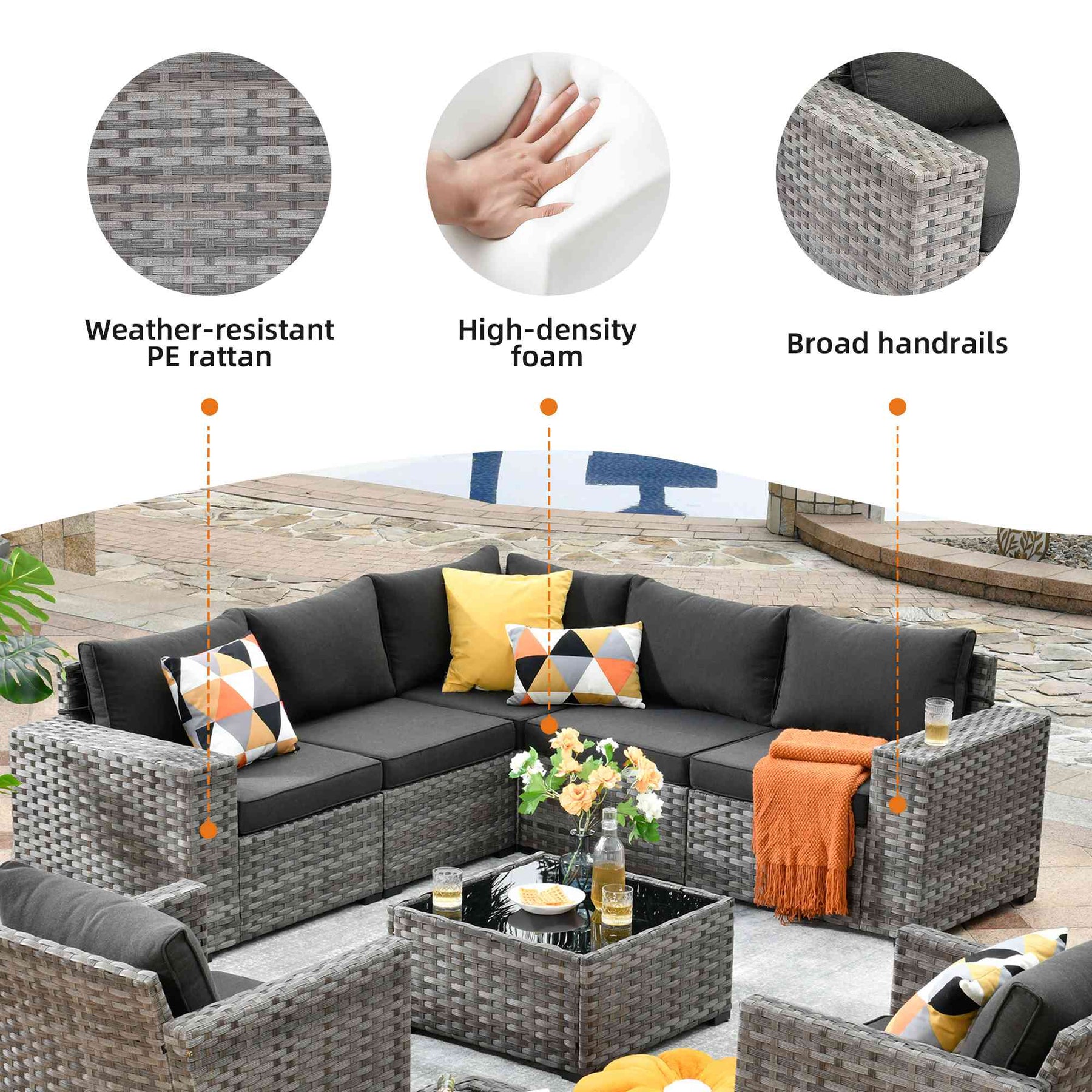 Ovios 9 Pieces Outdoor Furniture with 7.68'' Broad Handrails and Rocking Chair