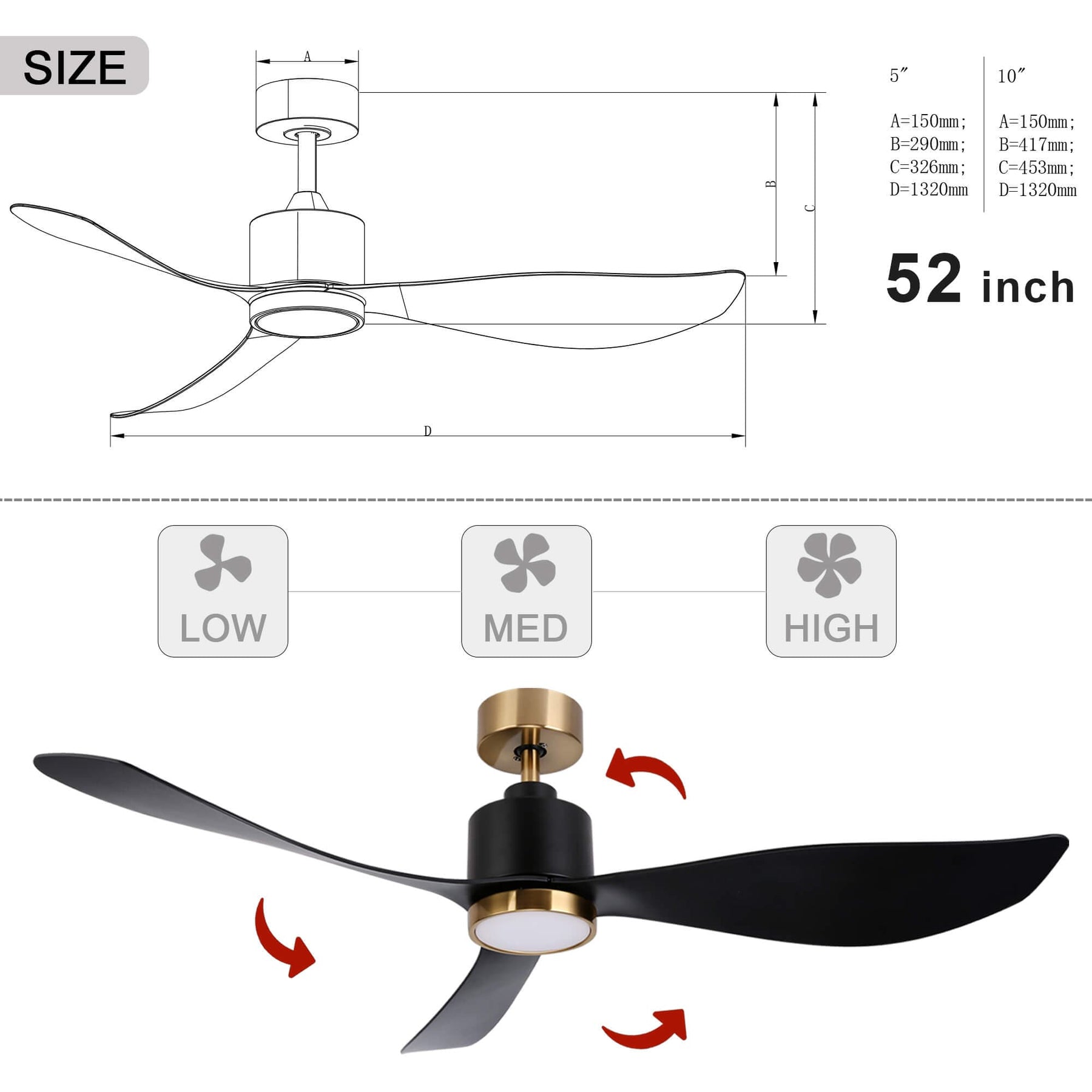 Ovios 52‘’ Ceiling Fan Reversible 3 Blades with Remote Control Lights, DC Motor, Black