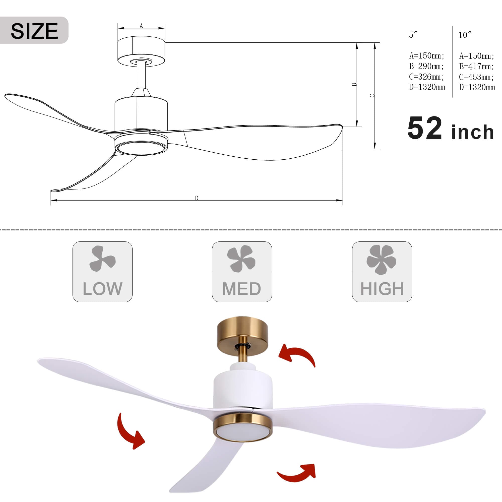 Ovios 52‘’ Ceiling Fan Reversible 3 Blades with Remote Control Lights, DC Motor