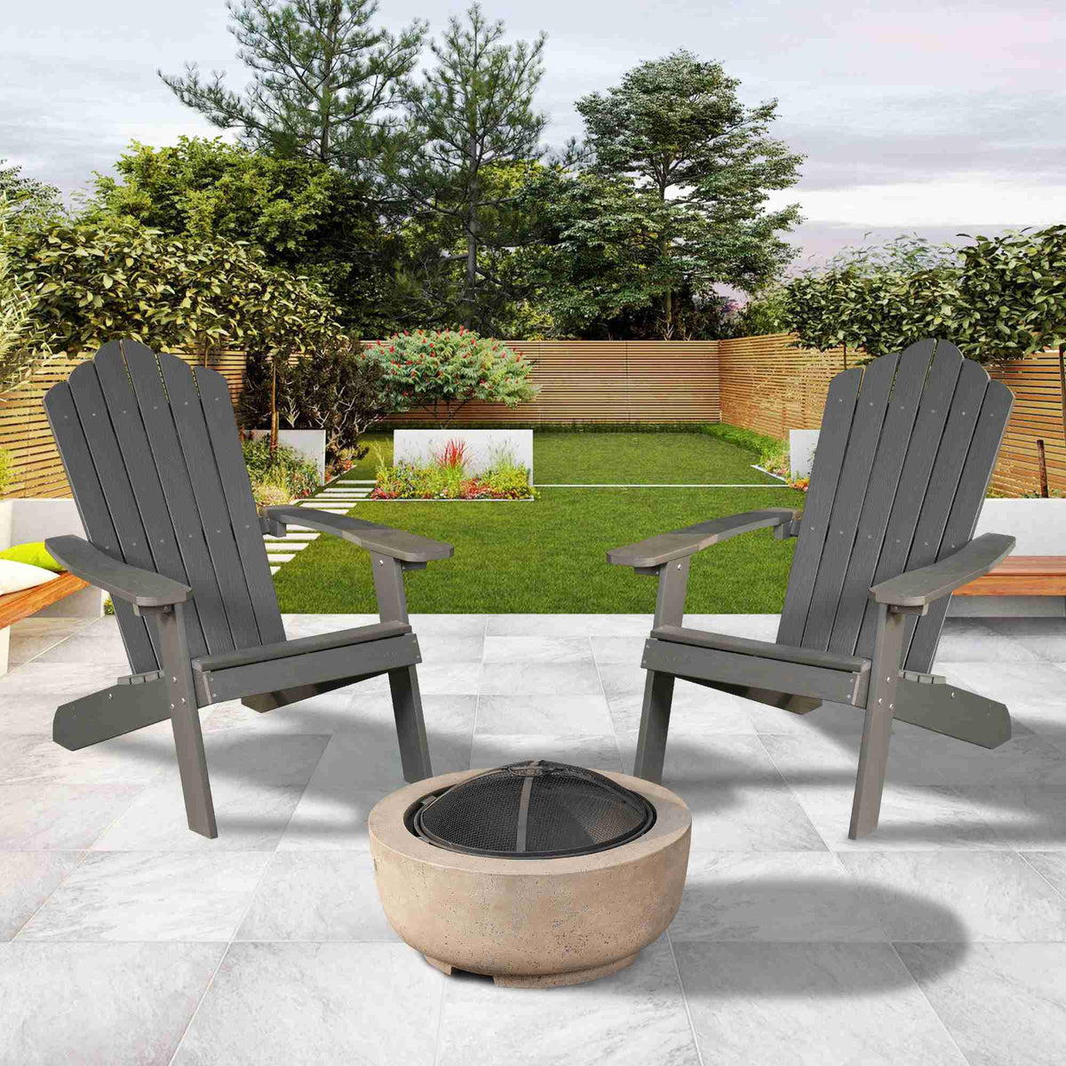 Ovios Outdoor Chairs 3-Piece Adirondack Chair with 23.62'' Light Brown Fire Pit