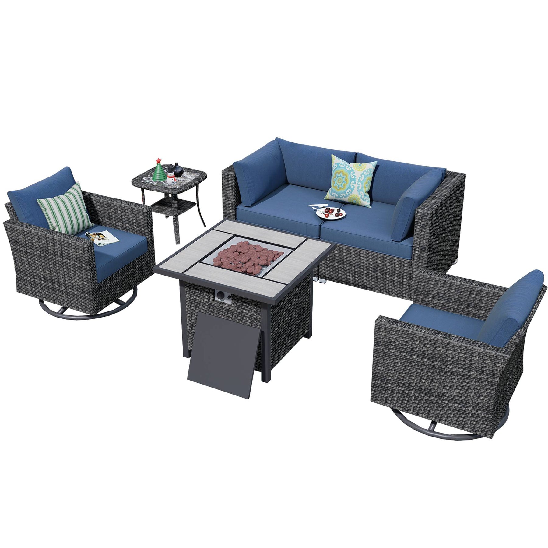 Ovios Outdoor Sectional Furniture 6-Piece with Rocking Chair and 30'' Fire Pit Table