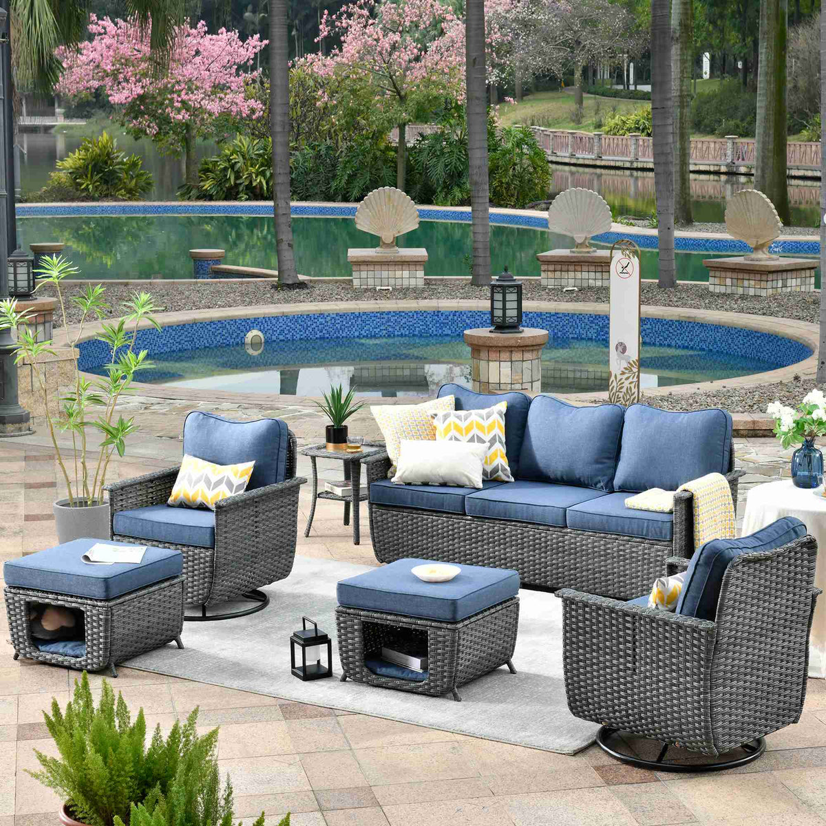 #color_Dark Grey Wicker Denim Blue Cushion