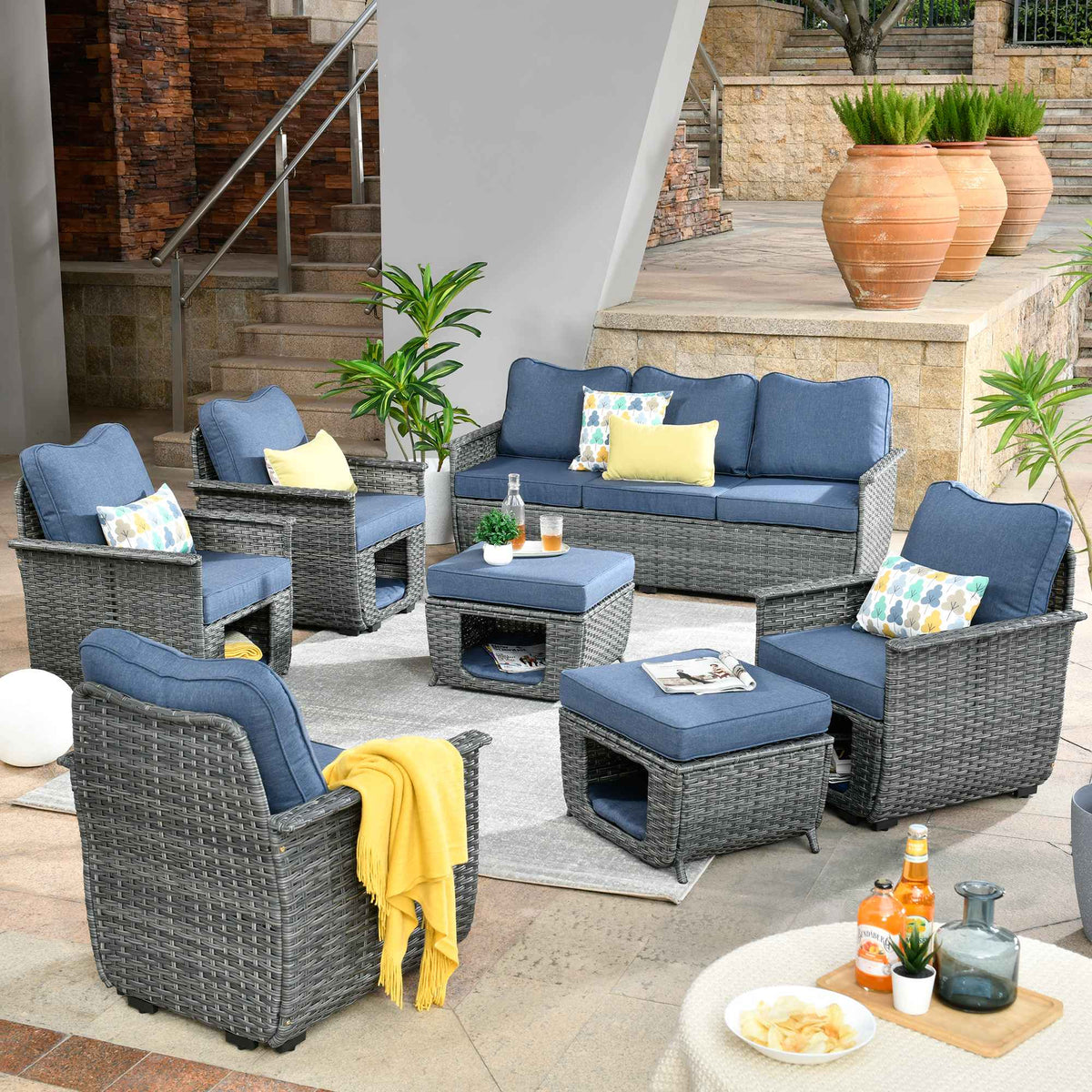 #color_Dark Grey Wicker Denim Blue Cushion