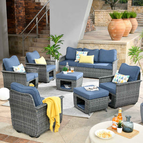 Ovios Patio Conversation Set Dark Grey Wicker 7 Pieces with Multifunctional Storage