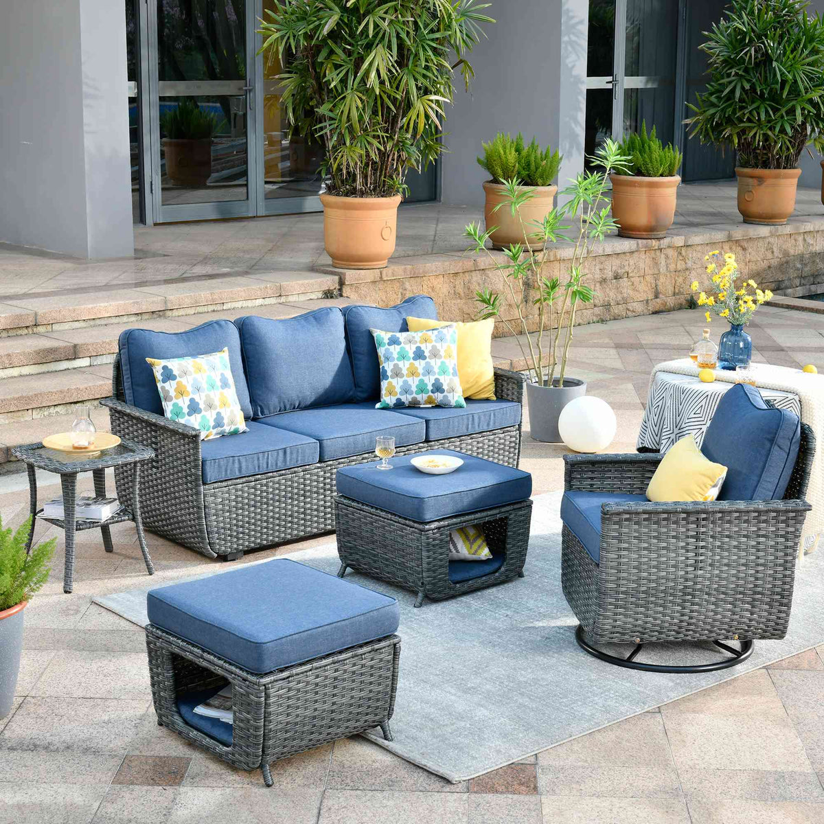 #color_Dark Grey Wicker Denim Blue Cushion