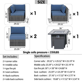 Ovios Outdoor Sectional Furniture 5-Piece with 30'' Fire Pit Table