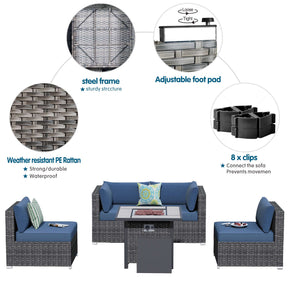 Ovios Outdoor Sectional Furniture 5-Piece with 30'' Fire Pit Table