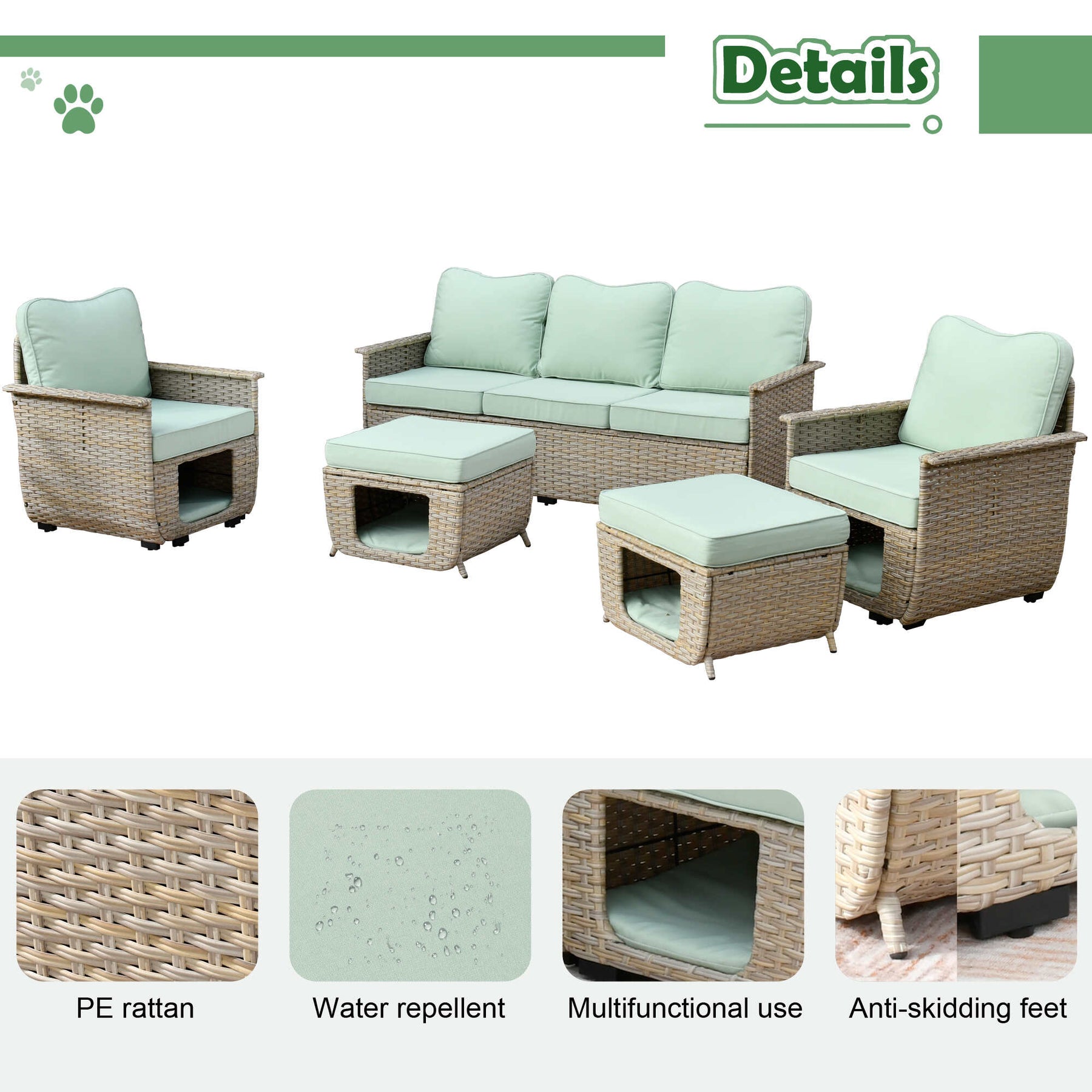 Ovios Patio Conversation Set 5 Pieces Beige Wicker with Multifunctional Storage