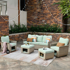 Ovios Patio Conversation Set 5 Pieces Beige Wicker with Multifunctional Storage