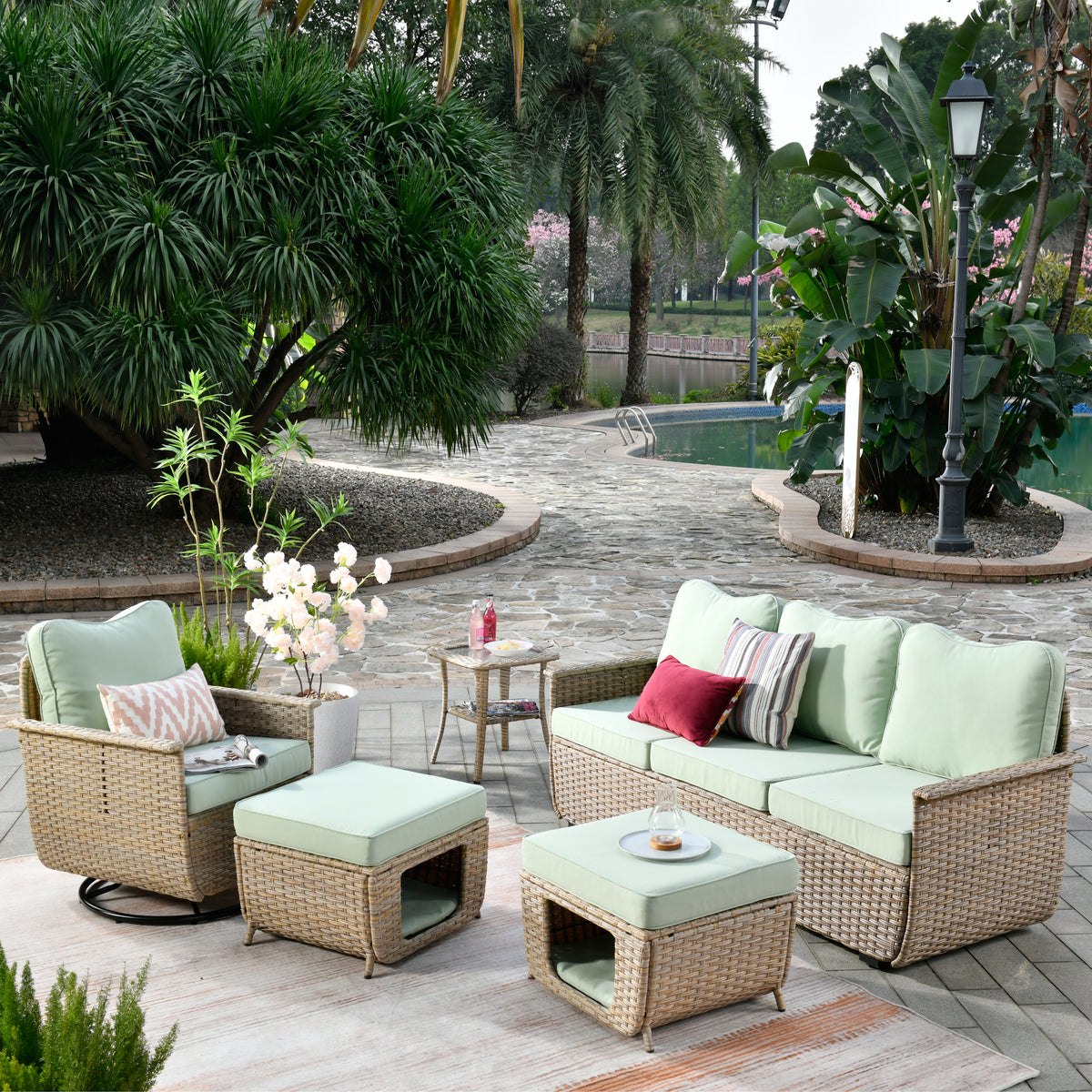 #color_Beige Wicker Green Cushion