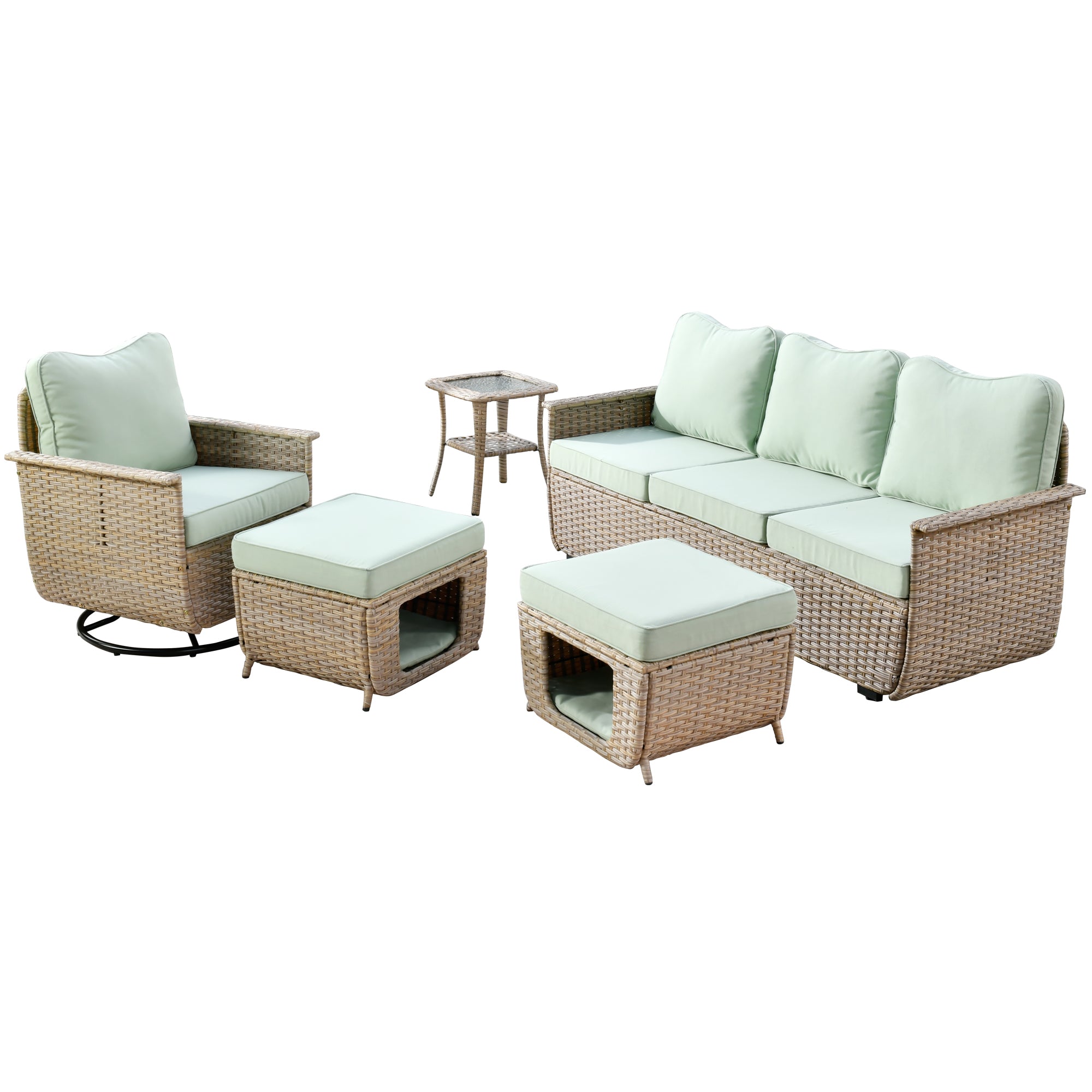 Ovios Patio Conversation Set 5 Pieces with Swivel Chair and Side Table and Multifunctional Storage