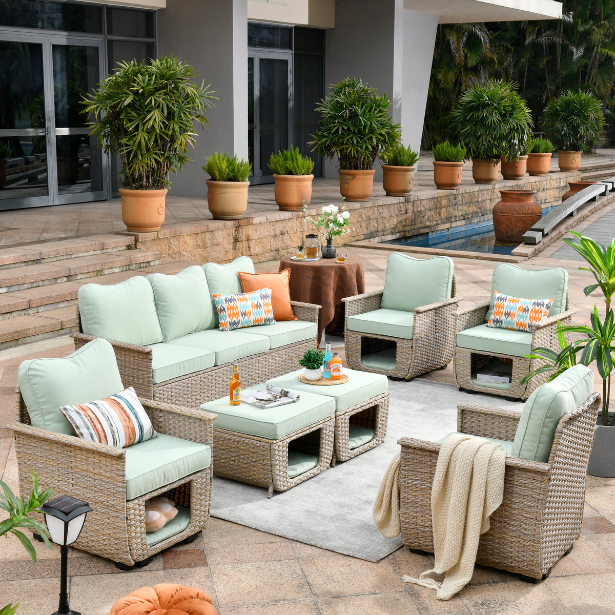 #color_Beige Wicker Green Cushion