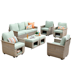 Ovios Patio Conversation Set 7 Pieces Beige Wicker with Multifunctional Storage