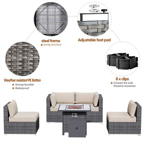 Ovios Outdoor Sectional Furniture 5-Piece with 30'' Fire Pit Table