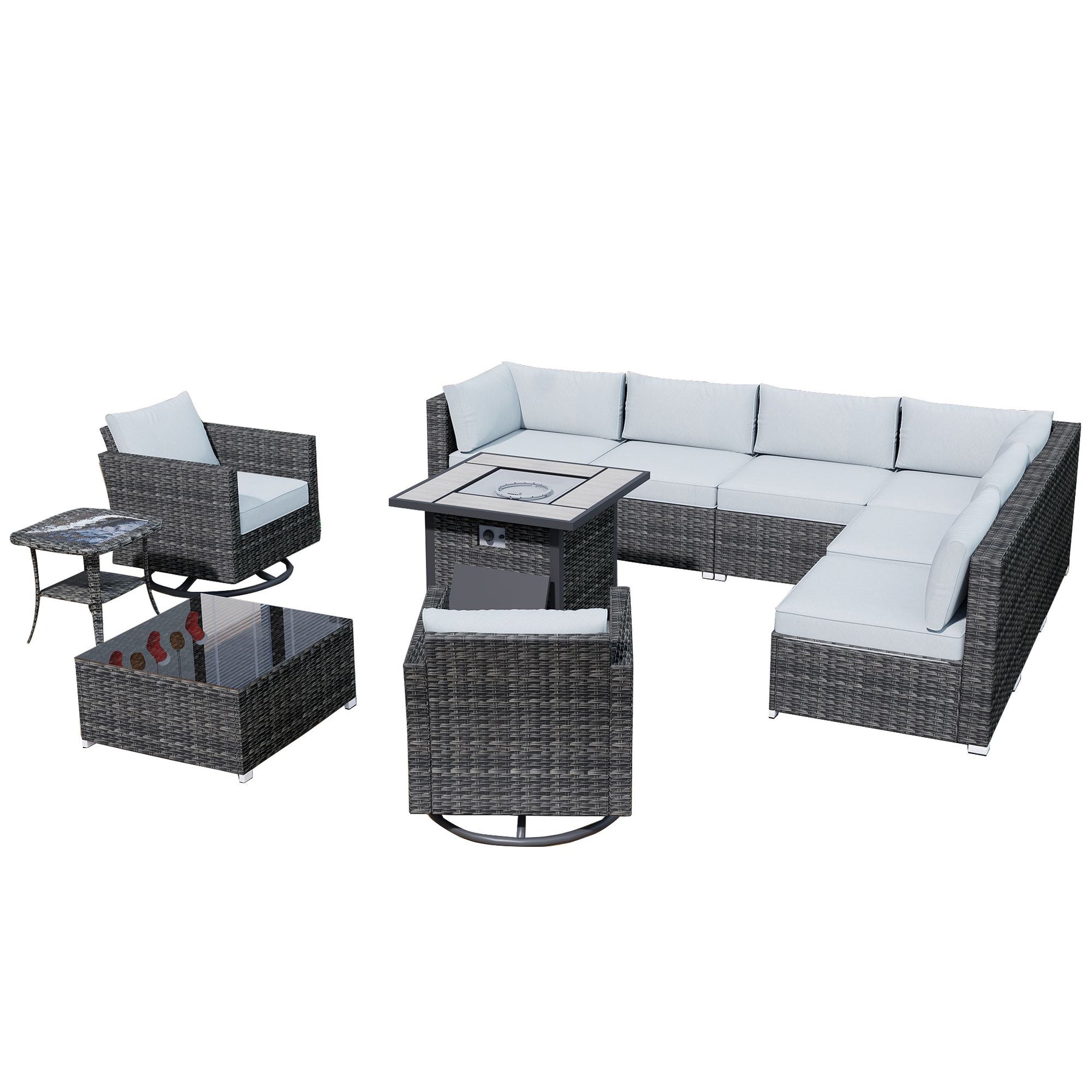 Ovios Outdoor Sectional Furniture 11-Piece with Rocking Chair and 30'' Fire Pit Table