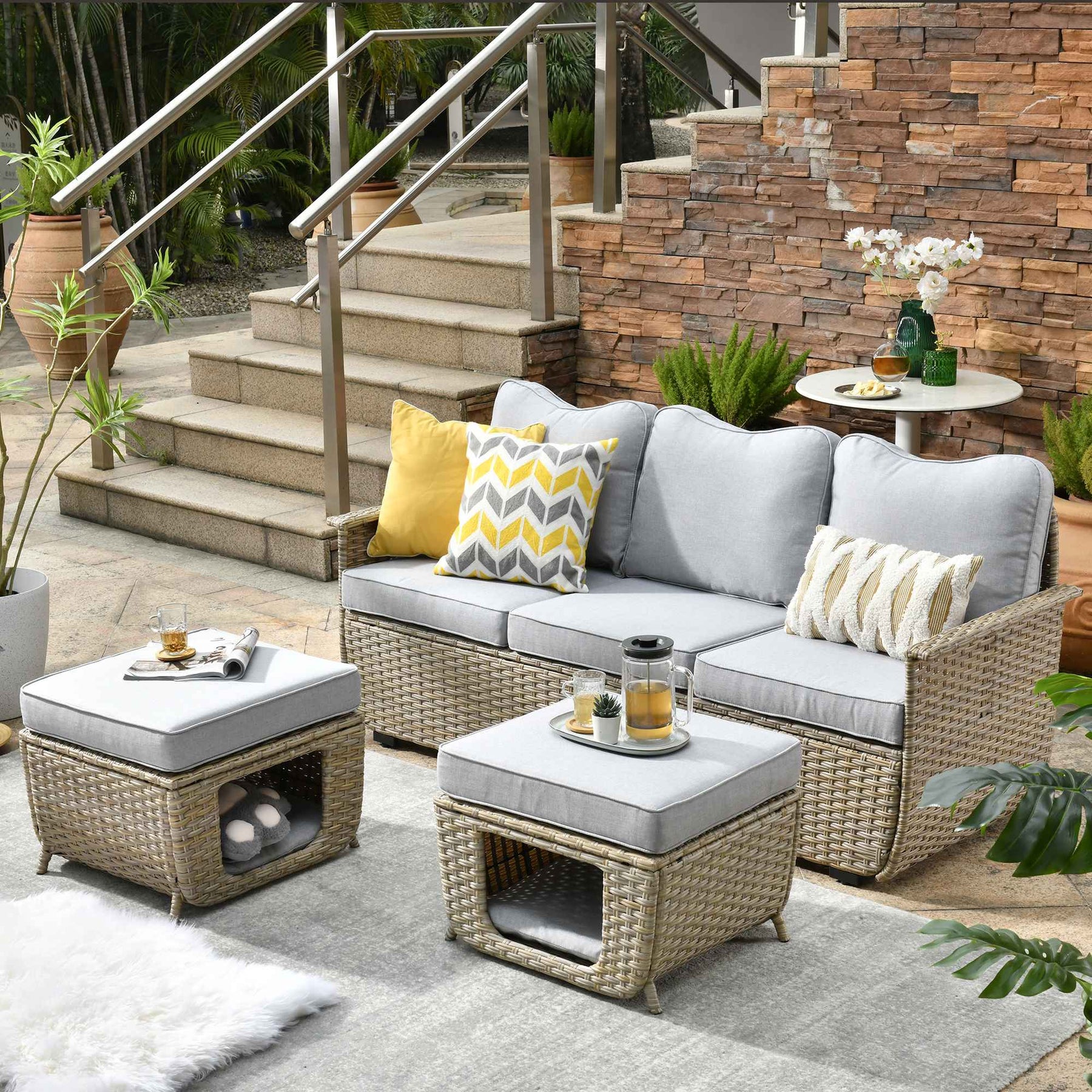 Ovios Outdoor Sofa Set 3 Pieces Beige Wicker Couch with Multifunctional Storage Ottomans
