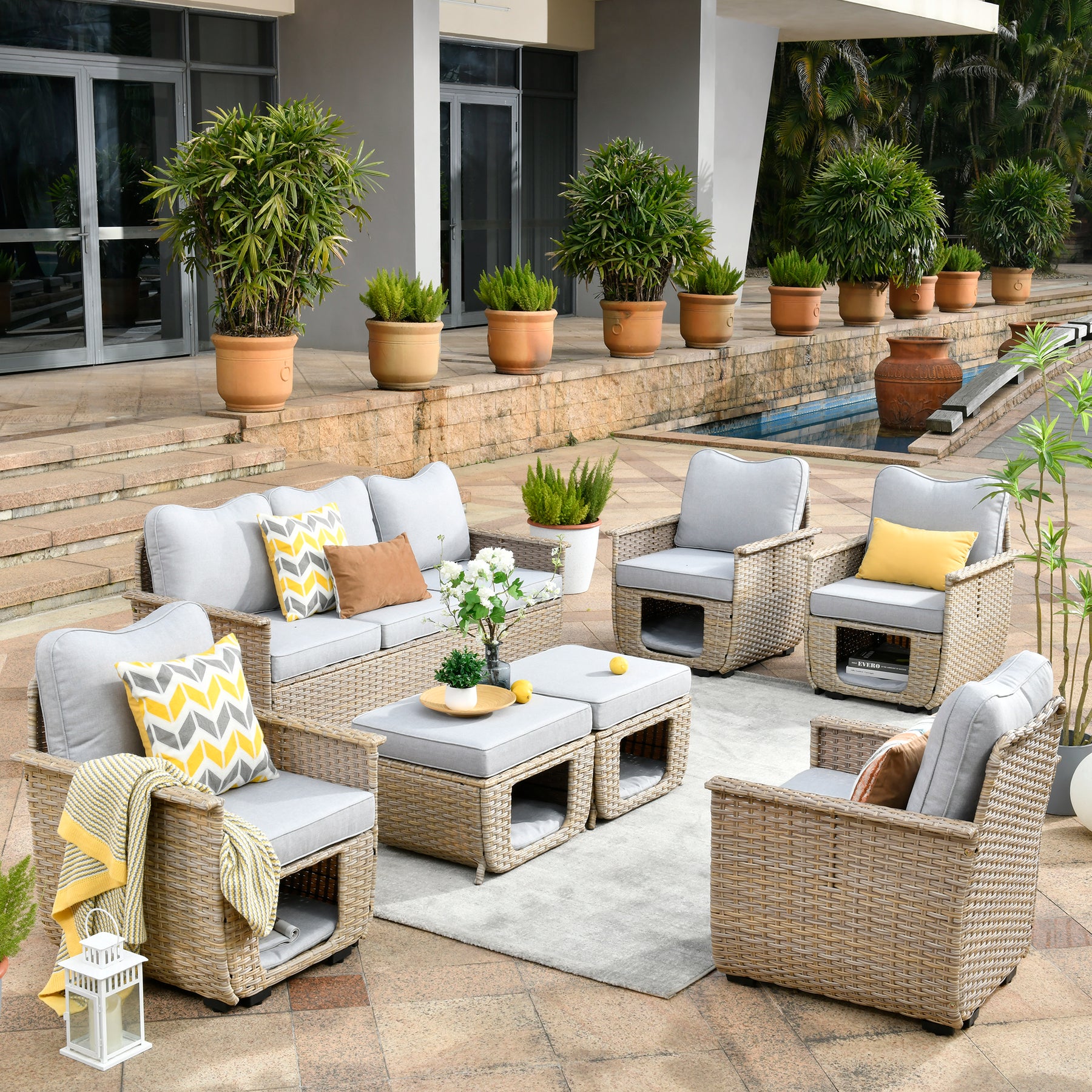 Ovios Patio Conversation Set 7 Pieces Beige Wicker with Multifunctional Storage
