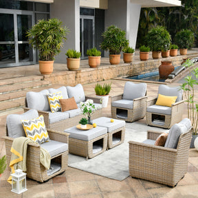 Ovios Patio Conversation Set 7 Pieces Beige Wicker with Multifunctional Storage