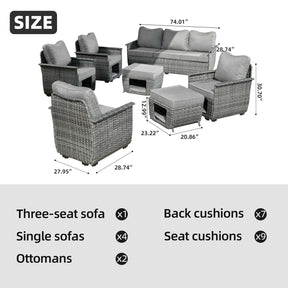 Ovios Patio Conversation Set Dark Grey Wicker 7 Pieces with Multifunctional Storage