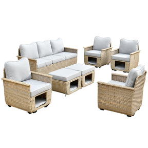 Ovios Patio Conversation Set 7 Pieces Beige Wicker with Multifunctional Storage