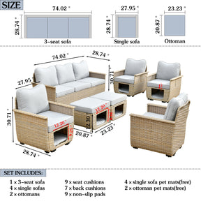 Ovios Patio Conversation Set 7 Pieces Beige Wicker with Multifunctional Storage