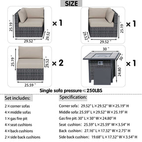 Ovios Outdoor Sectional Furniture 5-Piece with 30'' Fire Pit Table