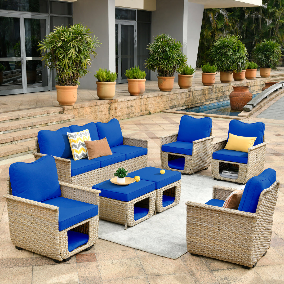 #color_Beige Wicker Navy Blue Cushion