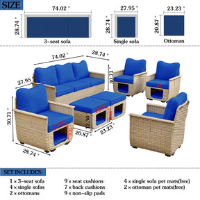 Ovios Patio Conversation Set 7 Pieces Beige Wicker with Multifunctional Storage
