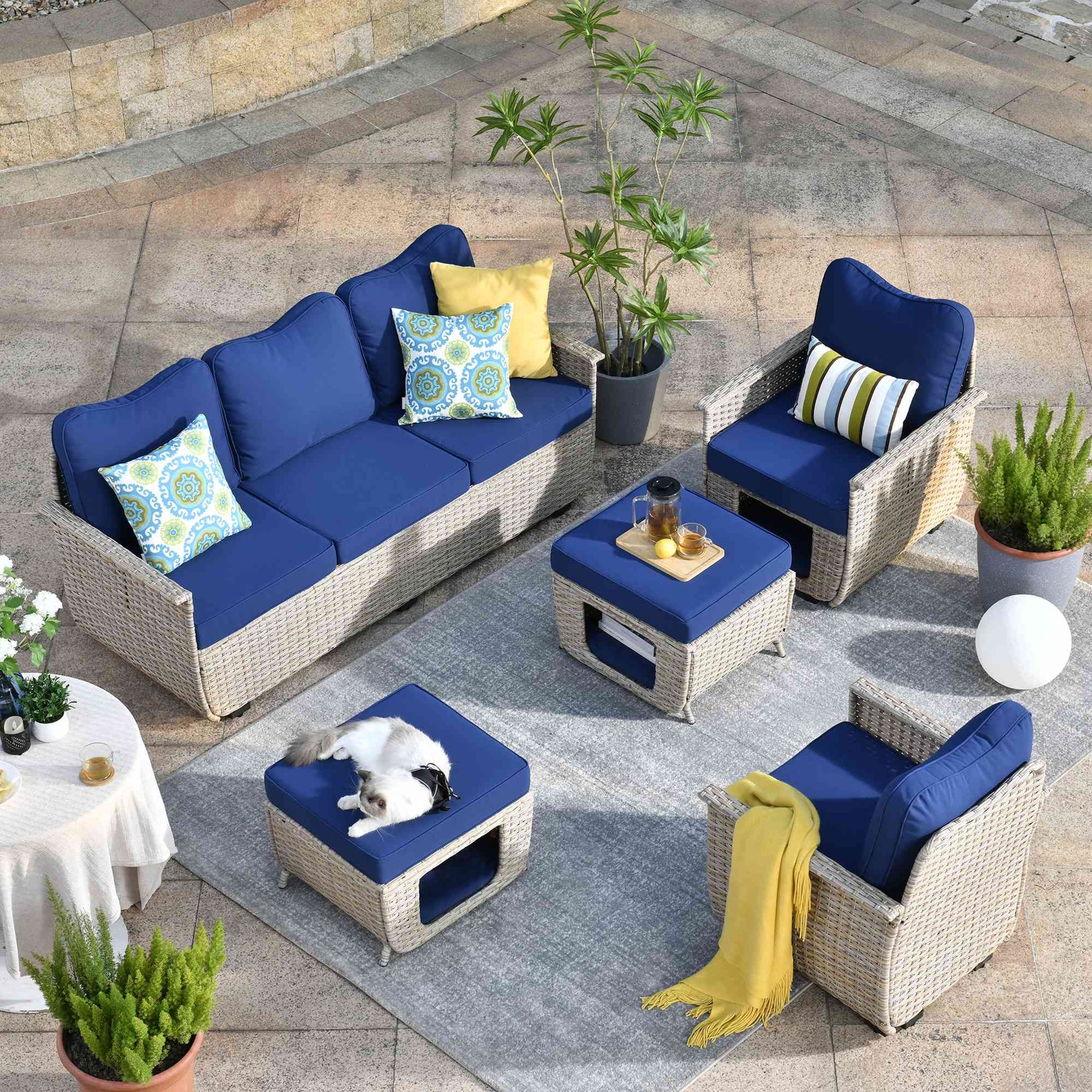 Ovios Patio Conversation Set 5 Pieces Beige Wicker with Multifunctional Storage