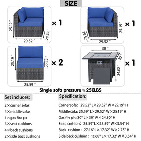 Ovios Outdoor Sectional Furniture 5-Piece with 30'' Fire Pit Table