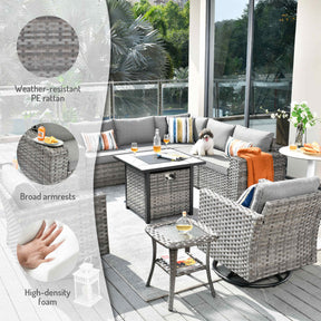 Ovios 10 Pieces Patio Furniture with 7.68'' Handrails and 30'' Fire Pit Table Rocking Chair