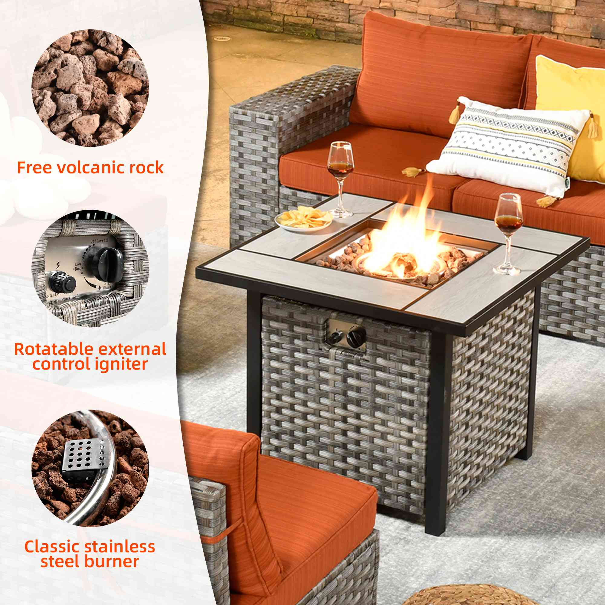 Ovios 7 Pieces Patio Furniture Set with 7.68'' Broad Handrails and 30'' Fire Pit Table