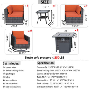 Ovios Outdoor Sectional Furniture 6-Piece with Rocking Chair and 30'' Fire Pit Table