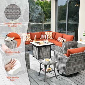 Ovios 10 Pieces Patio Furniture with 7.68'' Handrails and 30'' Fire Pit Table Rocking Chair