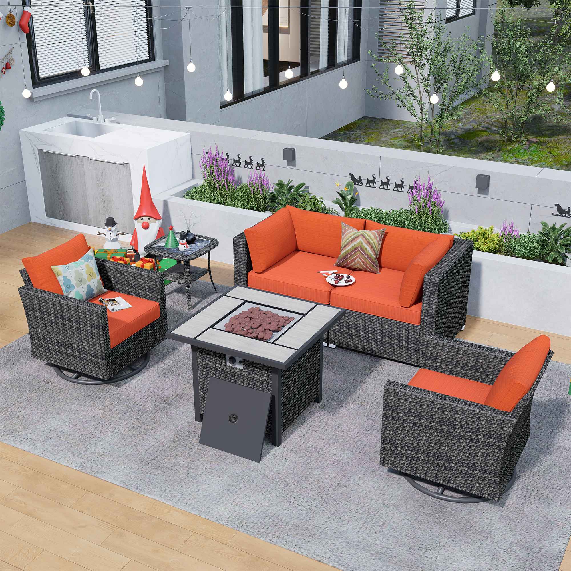 Ovios Outdoor Sectional Furniture 6-Piece with Rocking Chair and 30'' Fire Pit Table