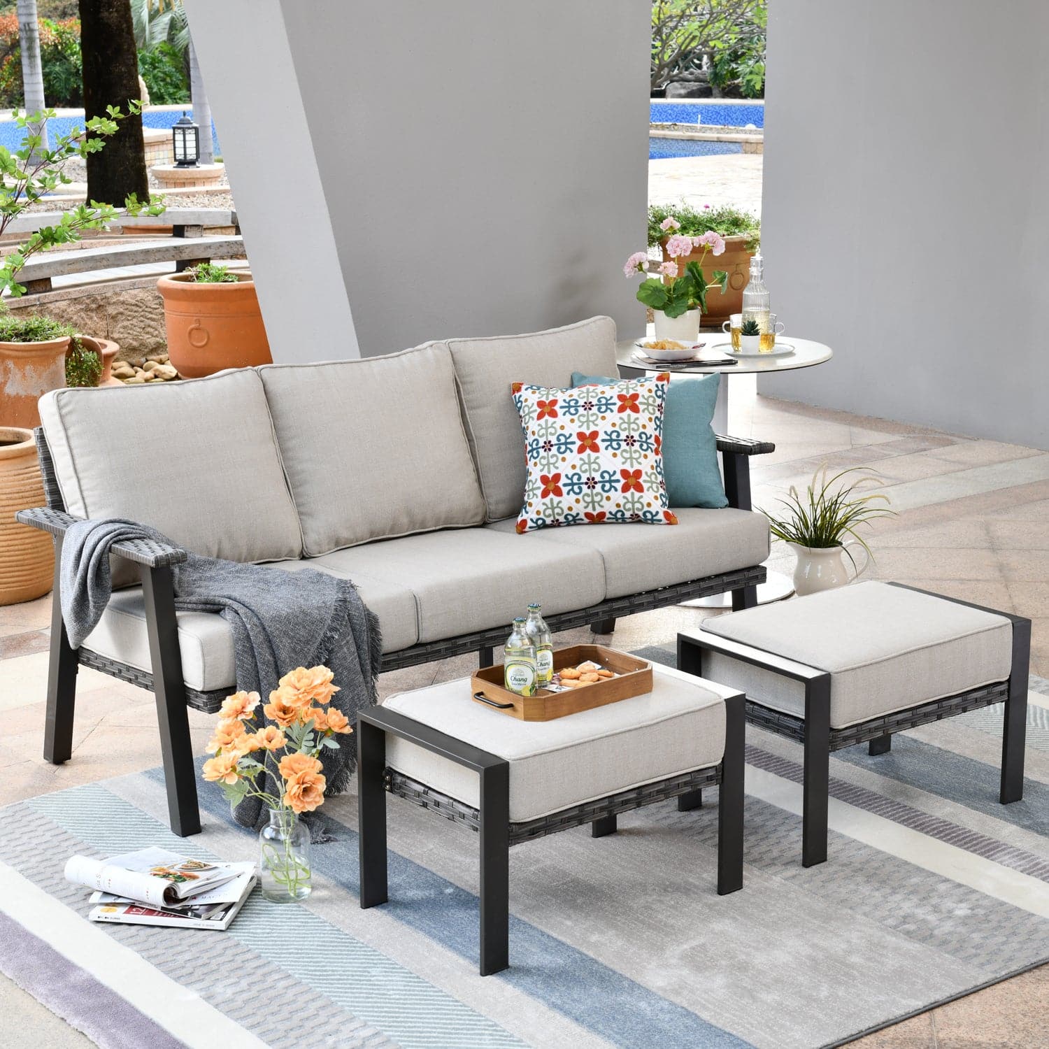 Ovios Bistro Set 3 Piece Couch with 2 Ottoman 5'' Cushion, Olefin Fabric